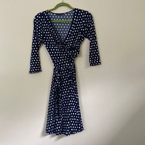 Navy blue & white polka dot dress. 3/4 sleeve. Comfy. With belt.